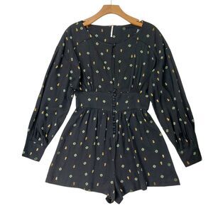 Free People Love Grows Keyhole Romper Womens Small Black Long Sleeve Bohemian